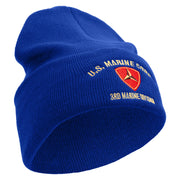 U.S. Marine Corps 3rd Marine Division logo Embroidered 12 Inch Solid Knit Cuff Long Beanie Made in USA - Royal-Blue OSFM