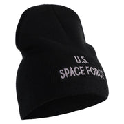 US Space Force Grey Letter Symbol Embroidered 8 Inch Solid Knit Short Beanie Made in USA - Black OSFM