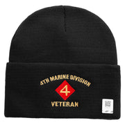 4th Marine Division Veteran Logo Embroidered 12 Inch Solid Knit Cuff Long Beanie Made in USA - Black OSFM