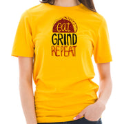 Eat Grind Repeat Phrase Graphic Design Short Sleeve Cotton Jersey T-Shirt