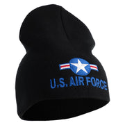 U.S. Air Force Roundel Symbol Embroidered 8 Inch Solid Knit Short Beanie Made in USA - Black OSFM