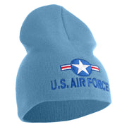 U.S. Air Force Roundel Symbol Embroidered 8 Inch Solid Knit Short Beanie Made in USA - Carolina-Blue OSFM