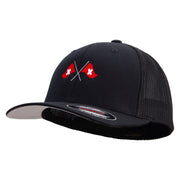 Cross Swiss Flag Embroidered 6 Panel Trucker Flexfit Cap - Black OSFM