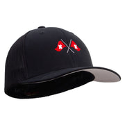 Cross Swiss Flag Embroidered 6 Panel Trucker Flexfit Cap - Black OSFM