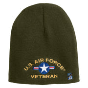U.S. Airforce Veteran with Roundel Symbol Embroidered 8 Inch Solid Knit Short Beanie Made in USA - Olive OSFM