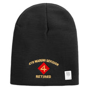 4th Marine Division Retired Symbol Embroidered 8 Inch Solid Knit Short Beanie Made in USA - Black OSFM