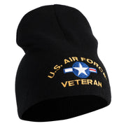 U.S. Airforce Veteran with Roundel Symbol Embroidered 8 Inch Solid Knit Short Beanie Made in USA - Black OSFM