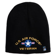 U.S. Airforce Veteran with Roundel Symbol Embroidered 8 Inch Solid Knit Short Beanie Made in USA - Black OSFM