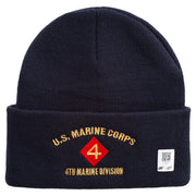 U.S. Marine Corps 4th Marine Division Logo Embroidered 12 Inch Solid Knit Cuff Long Beanie Made in USA - Navy OSFM