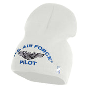 US Air Force Pilot Symbol Embroidered 8 Inch Solid Knit Short Beanie Made in USA - White OSFM