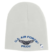 US Air Force Pilot Symbol Embroidered 8 Inch Solid Knit Short Beanie Made in USA - White OSFM