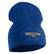 US Air Force Pilot Symbol Embroidered 8 Inch Solid Knit Short Beanie Made in USA - Royal-Blue OSFM