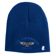 US Air Force Pilot Symbol Embroidered 8 Inch Solid Knit Short Beanie Made in USA - Royal-Blue OSFM