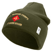 U.S. Marine Corps 4th Marine Division Logo Embroidered 12 Inch Solid Knit Cuff Long Beanie Made in USA - Olive OSFM