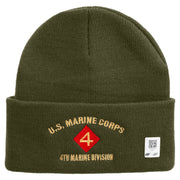 U.S. Marine Corps 4th Marine Division Logo Embroidered 12 Inch Solid Knit Cuff Long Beanie Made in USA - Olive OSFM