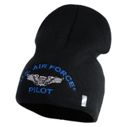 US Air Force Pilot Symbol Embroidered 8 Inch Solid Knit Short Beanie Made in USA - Black OSFM