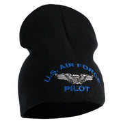 US Air Force Pilot Symbol Embroidered 8 Inch Solid Knit Short Beanie Made in USA - Black OSFM