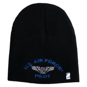 US Air Force Pilot Symbol Embroidered 8 Inch Solid Knit Short Beanie Made in USA - Black OSFM