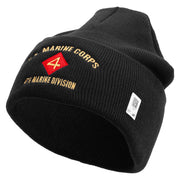 U.S. Marine Corps 4th Marine Division Logo Embroidered 12 Inch Solid Knit Cuff Long Beanie Made in USA - Black OSFM