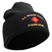 U.S. Marine Corps 4th Marine Division Logo Embroidered 12 Inch Solid Knit Cuff Long Beanie Made in USA - Black OSFM