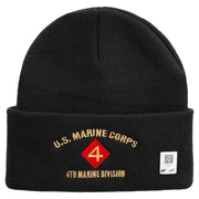 U.S. Marine Corps 4th Marine Division Logo Embroidered 12 Inch Solid Knit Cuff Long Beanie Made in USA - Black OSFM