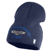 US Air Force Pilot Symbol Embroidered 8 Inch Solid Knit Short Beanie Made in USA - Navy OSFM