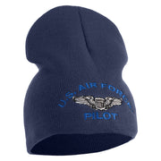 US Air Force Pilot Symbol Embroidered 8 Inch Solid Knit Short Beanie Made in USA - Navy OSFM