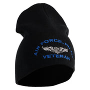 Air Force Pilot Veteran Symbol Embroidered 8 Inch Solid Knit Short Beanie Made in USA - Black OSFM