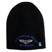 Air Force Pilot Veteran Symbol Embroidered 8 Inch Solid Knit Short Beanie Made in USA - Black OSFM
