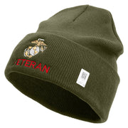 Marine Veteran Logo Embroidered 12 Inch Solid Knit Cuff Long Beanie Made in USA - Olive OSFM