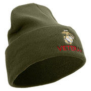 Marine Veteran Logo Embroidered 12 Inch Solid Knit Cuff Long Beanie Made in USA - Olive OSFM