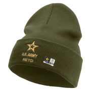 Licensed Star US Army Retired Military Embroidered 12 Inch Solid Knit Cuff Long Beanie Made in USA - Olive OSFM