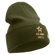 Licensed Star US Army Retired Military Embroidered 12 Inch Solid Knit Cuff Long Beanie Made in USA - Olive OSFM