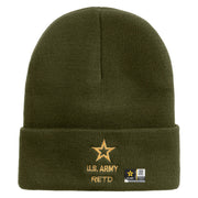 Licensed Star US Army Retired Military Embroidered 12 Inch Solid Knit Cuff Long Beanie Made in USA - Olive OSFM