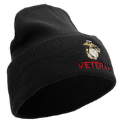 Marine Veteran Logo Embroidered 12 Inch Solid Knit Cuff Long Beanie Made in USA - Black OSFM
