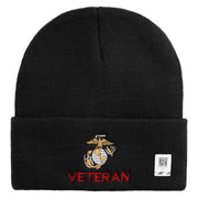 Marine Veteran Logo Embroidered 12 Inch Solid Knit Cuff Long Beanie Made in USA - Black OSFM