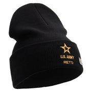 Licensed Star US Army Retired Military Embroidered 12 Inch Solid Knit Cuff Long Beanie Made in USA - Black OSFM