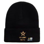 Licensed Star US Army Retired Military Embroidered 12 Inch Solid Knit Cuff Long Beanie Made in USA - Black OSFM