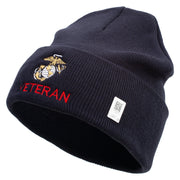 Marine Veteran Logo Embroidered 12 Inch Solid Knit Cuff Long Beanie Made in USA - Navy OSFM