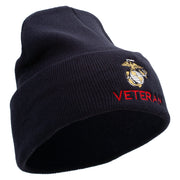 Marine Veteran Logo Embroidered 12 Inch Solid Knit Cuff Long Beanie Made in USA - Navy OSFM