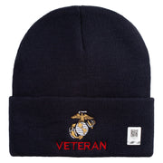 Marine Veteran Logo Embroidered 12 Inch Solid Knit Cuff Long Beanie Made in USA - Navy OSFM