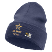 Licensed Star US Army Retired Military Embroidered 12 Inch Solid Knit Cuff Long Beanie Made in USA - Navy OSFM