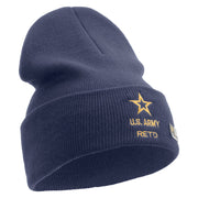 Licensed Star US Army Retired Military Embroidered 12 Inch Solid Knit Cuff Long Beanie Made in USA - Navy OSFM