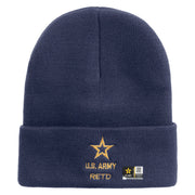 Licensed Star US Army Retired Military Embroidered 12 Inch Solid Knit Cuff Long Beanie Made in USA - Navy OSFM