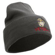 Marine Veteran Logo Embroidered 12 Inch Solid Knit Cuff Long Beanie Made in USA - Charcoal OSFM
