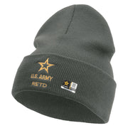 Licensed Star US Army Retired Military Embroidered 12 Inch Solid Knit Cuff Long Beanie Made in USA - Charcoal OSFM