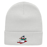 Snowman Riding Embroidered 12 Inch Long Knitted Beanie - White OSFM