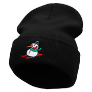 Snowman Riding Embroidered 12 Inch Long Knitted Beanie - Black OSFM