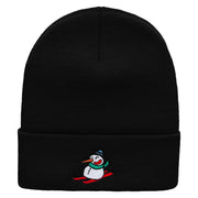 Snowman Riding Embroidered 12 Inch Long Knitted Beanie - Black OSFM