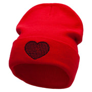 Block Inside Grid Heart Embroidered 12 Inch Long Knitted Beanie - Red OSFM